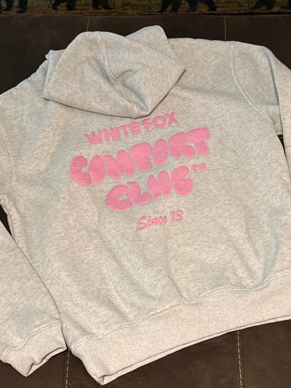 White Fox Boutique Gray Hoodie with Pink Comfort Club Graphic